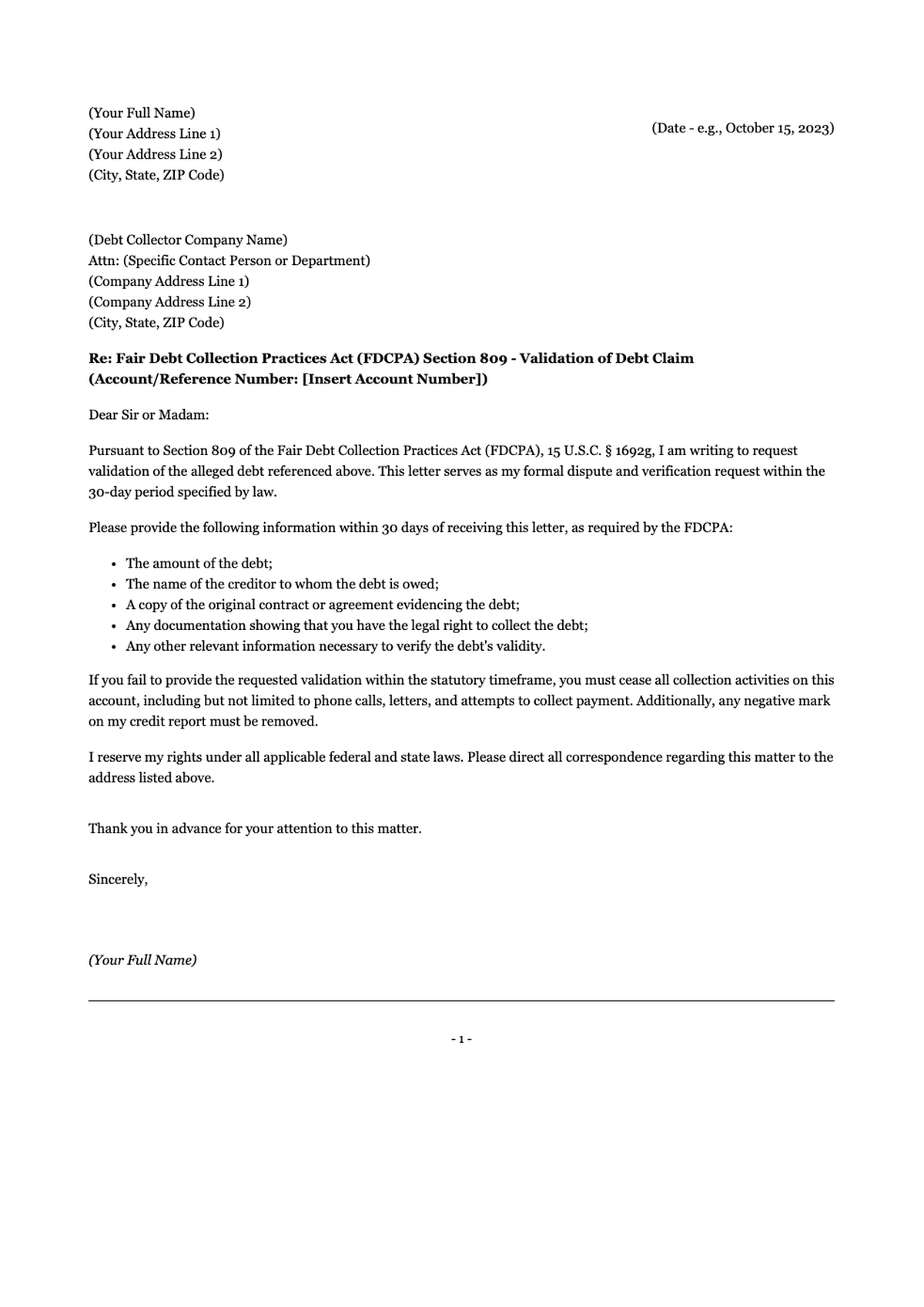 FDPCA debt verification request letter template_variant_3